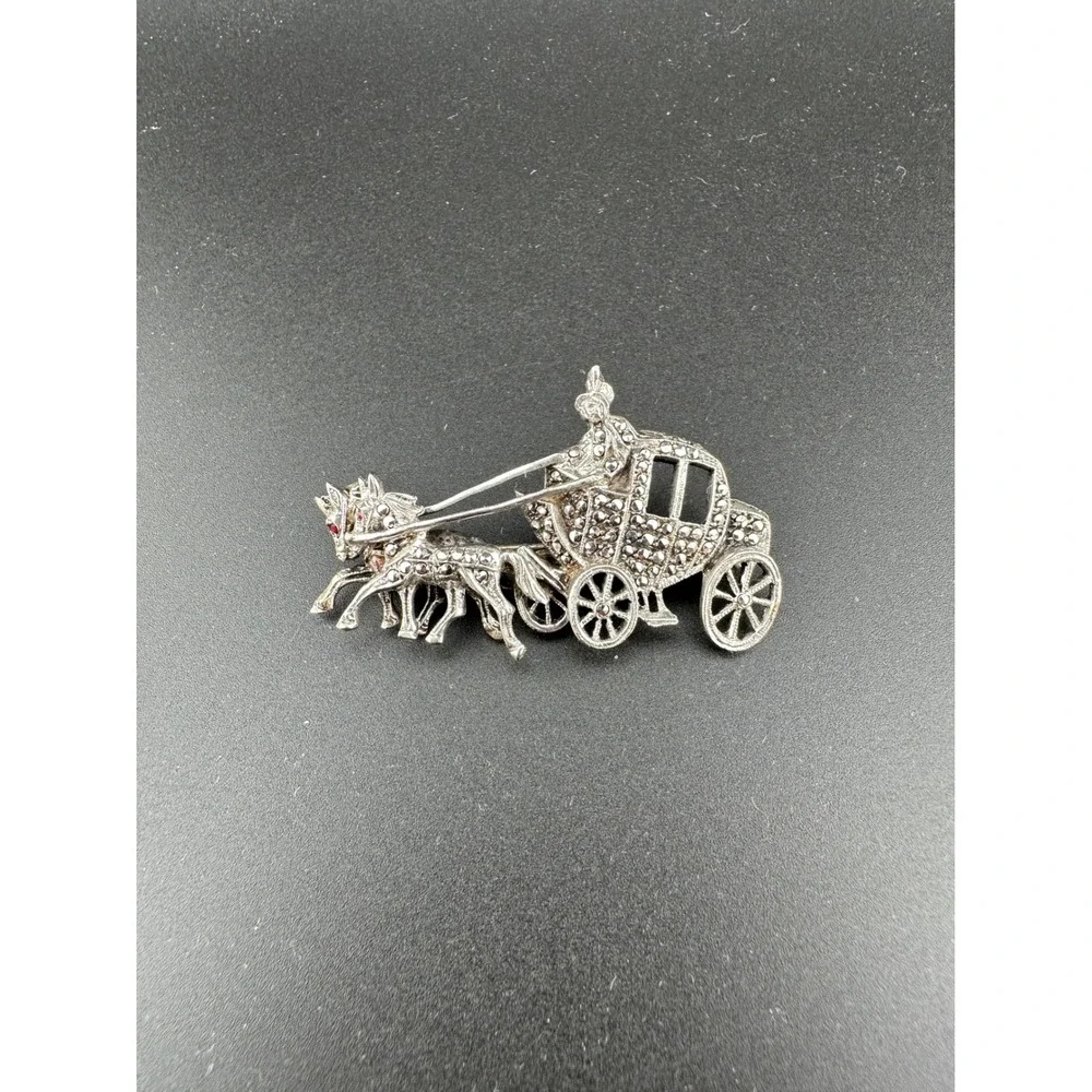 Vintage Meka Denmark Sterling Silver Marcasite Horse Carriage Brooch 1950s